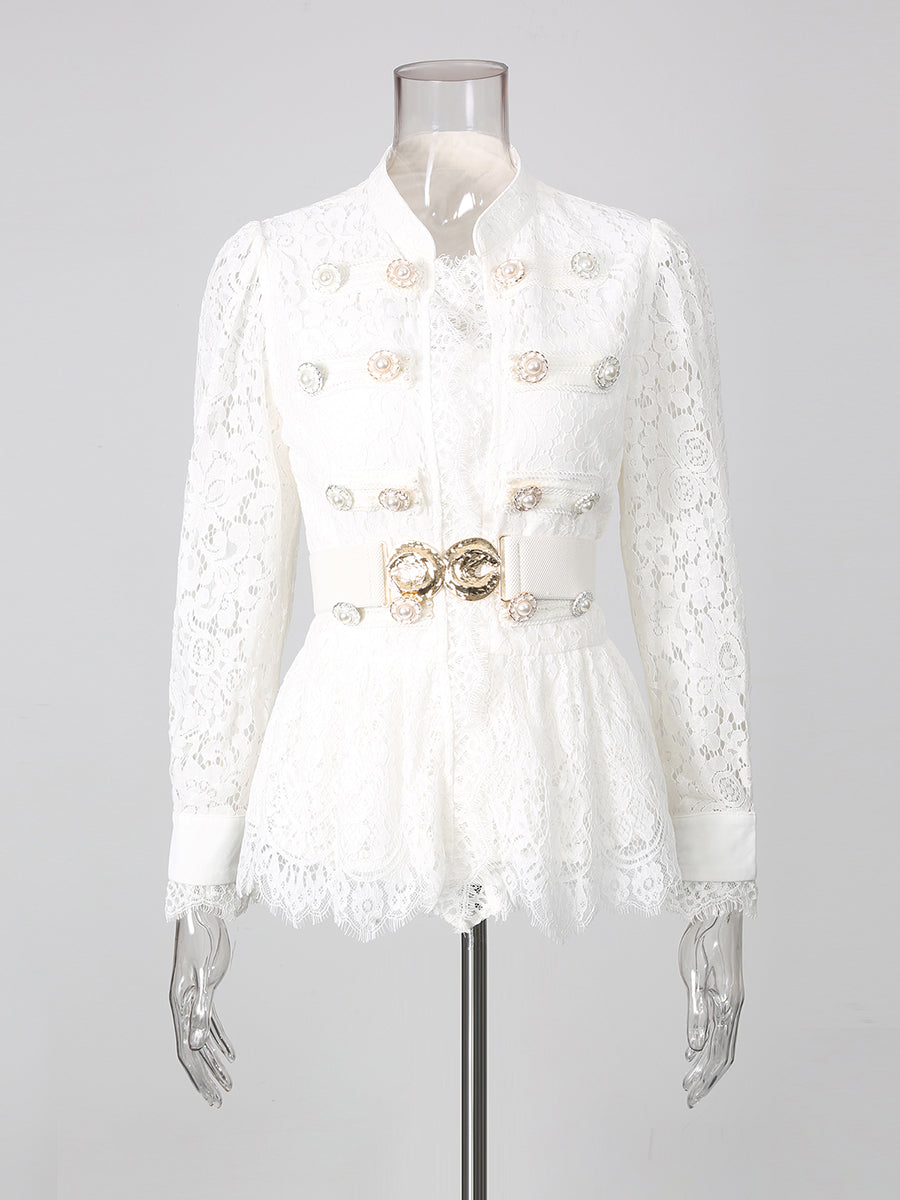 White Lace Military Top High-Waist Wide Leg Pants Set