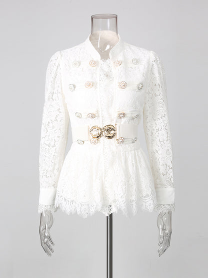 White Lace Military Top High-Waist Wide Leg Pants Set