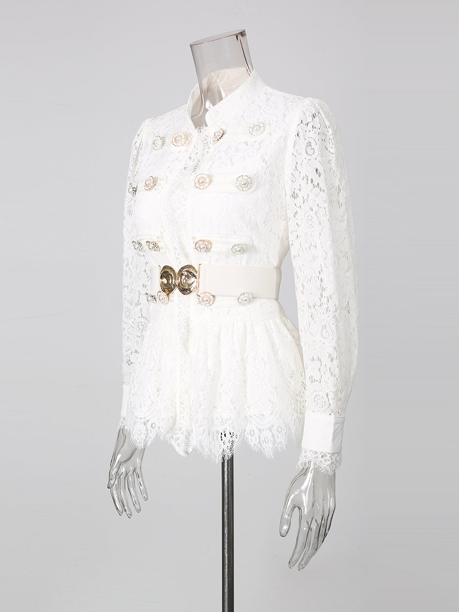 White Lace Military Top High-Waist Wide Leg Pants Set
