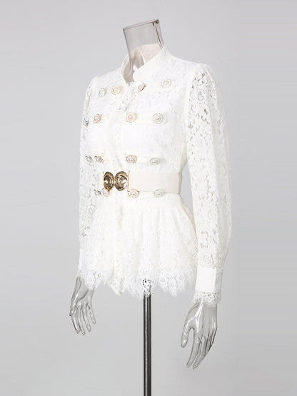 White Lace Military Top High-Waist Wide Leg Pants Set