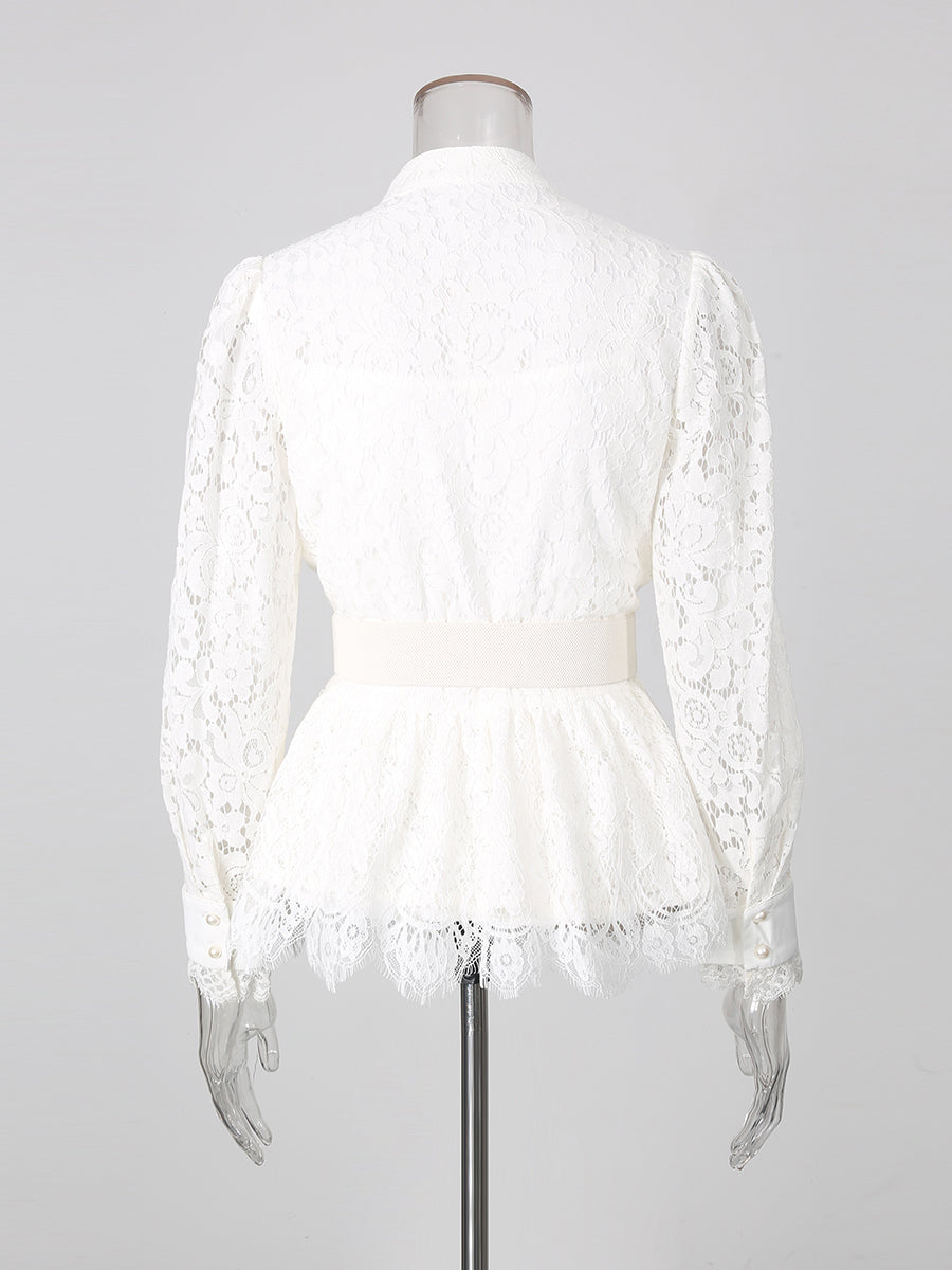 White Lace Military Top High-Waist Wide Leg Pants Set