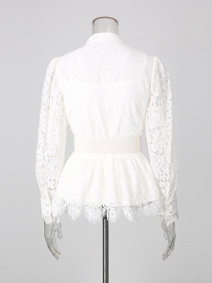 White Lace Military Top High-Waist Wide Leg Pants Set