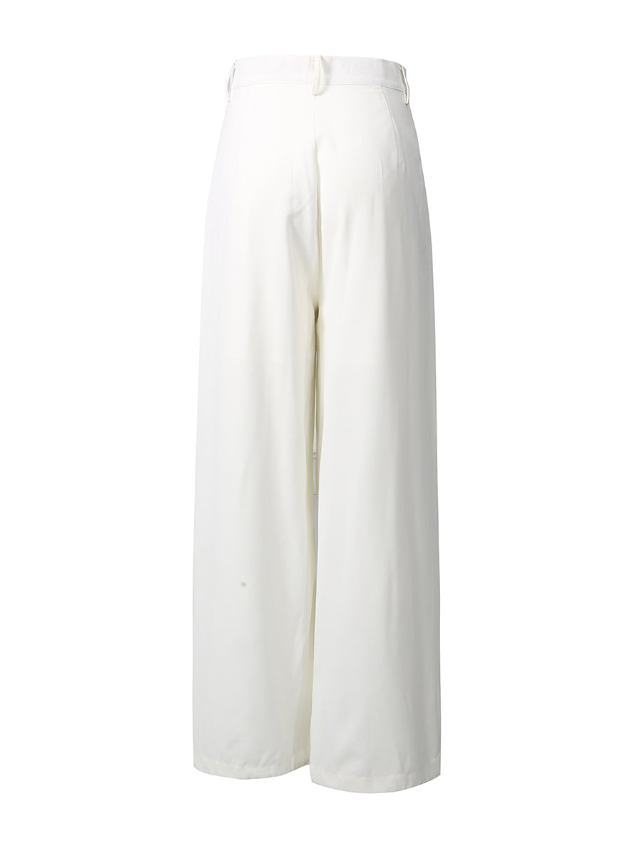 White Lace Military Top High-Waist Wide Leg Pants Set
