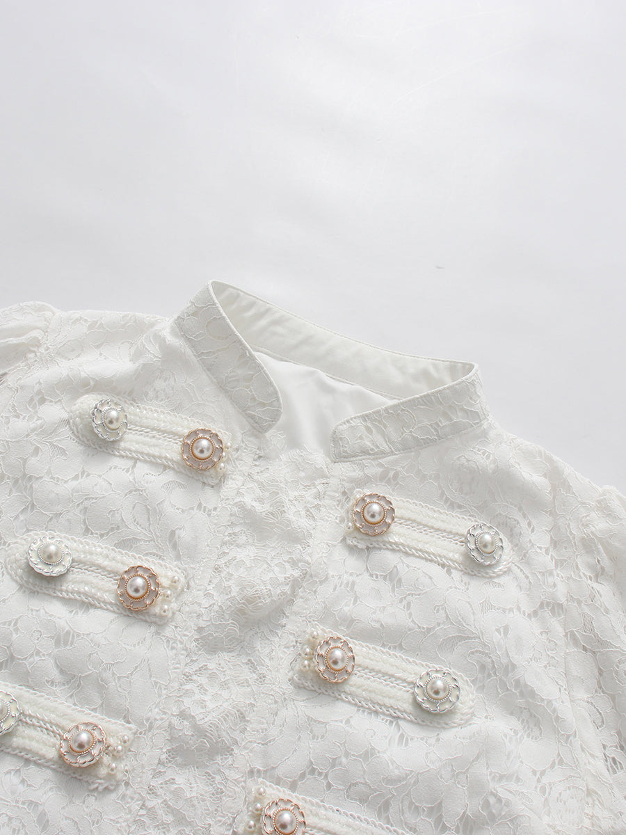 White Lace Military Top High-Waist Wide Leg Pants Set