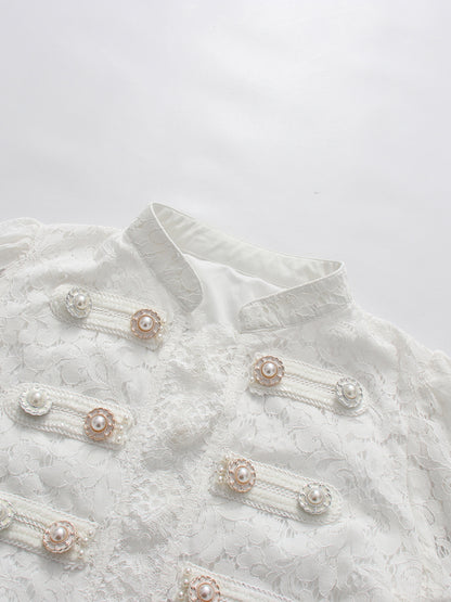 White Lace Military Top High-Waist Wide Leg Pants Set