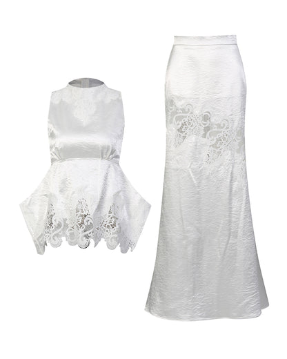 White Lace Peplum Top & Maxi Skirt Set
