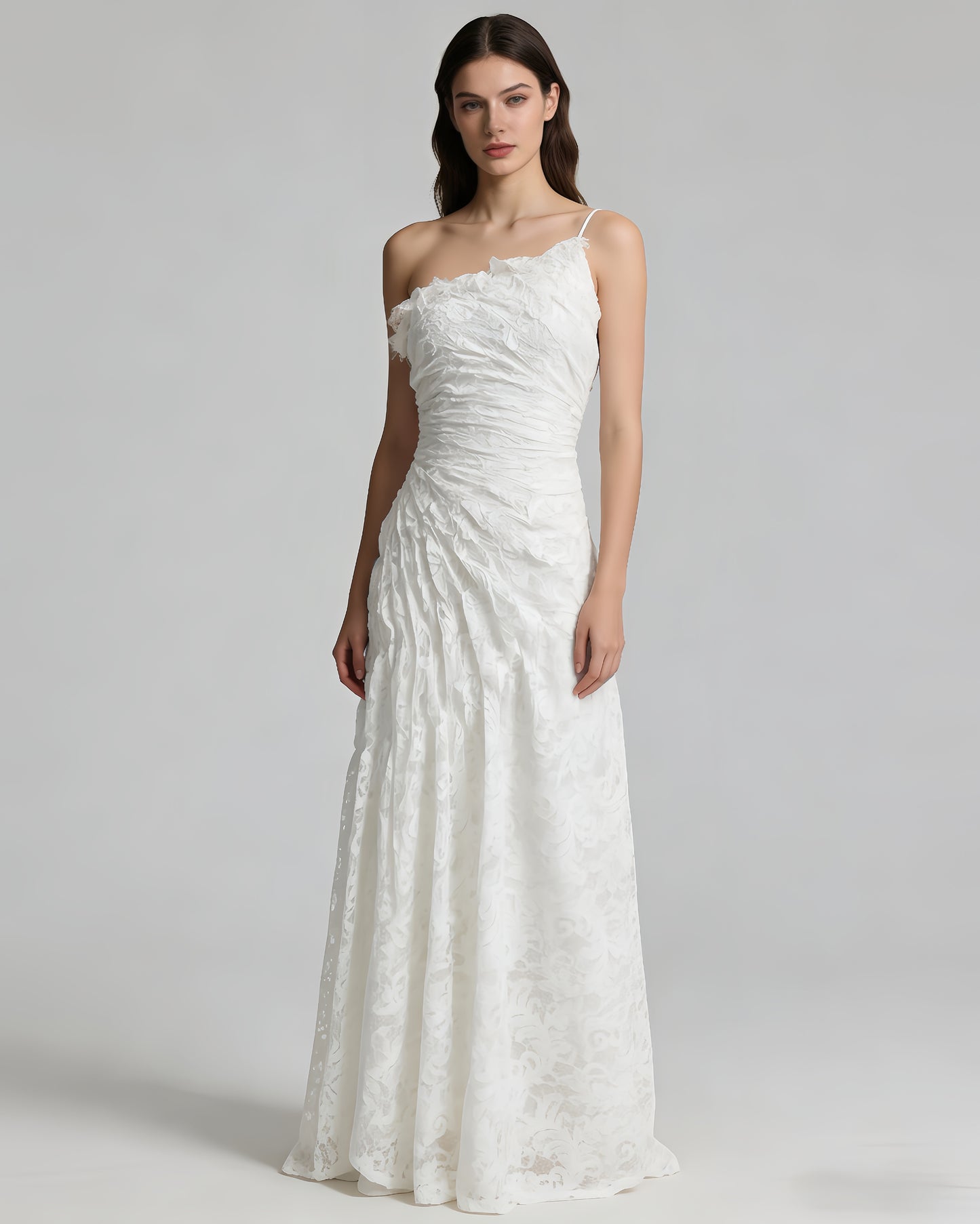 White Lace Ruched Strapless Maxi Dress