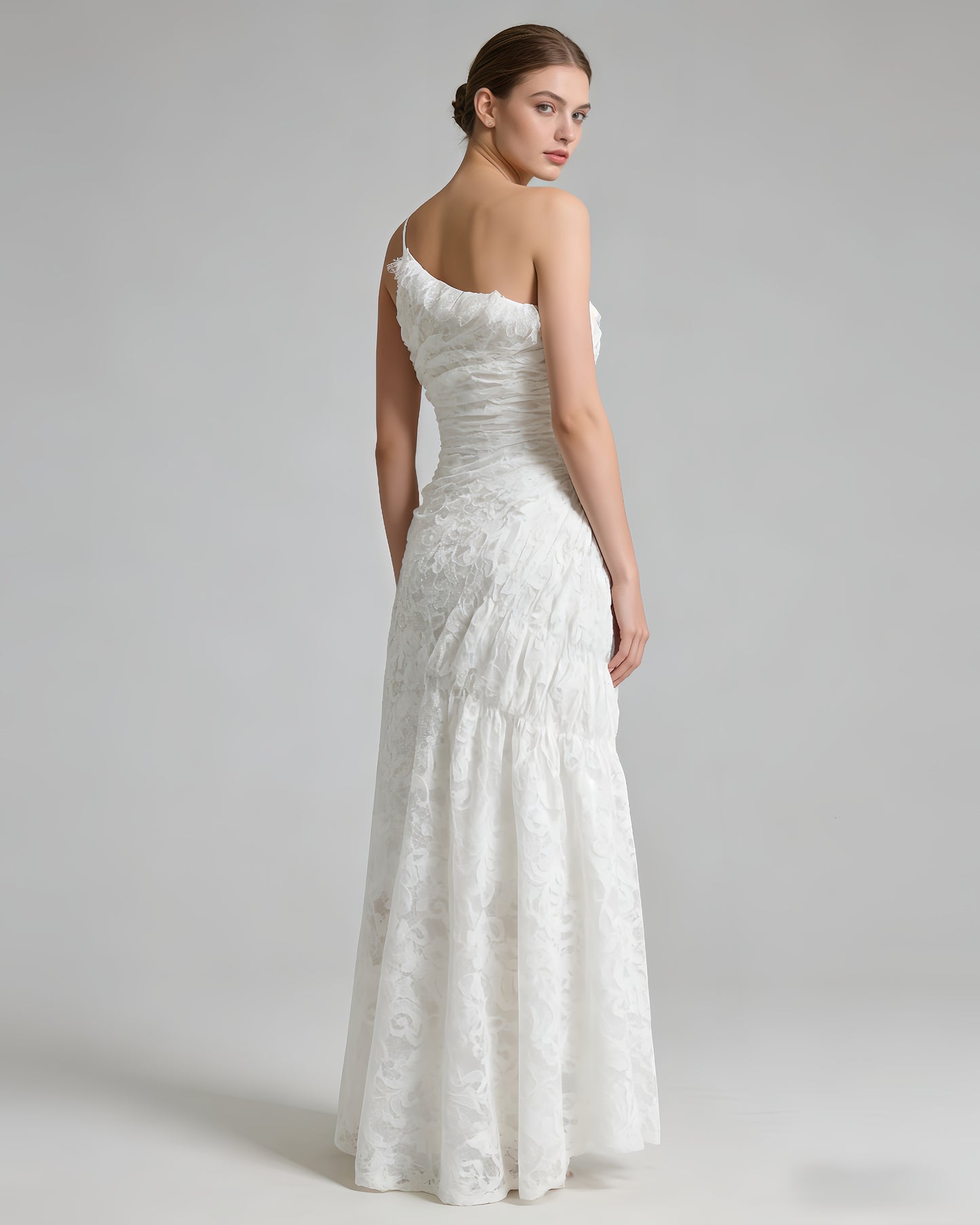 White Lace Ruched Strapless Maxi Dress