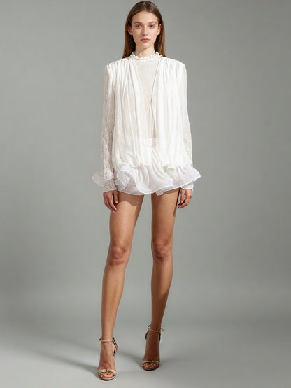 White Lace Ruffled Mini Dress with Puff Sleeves