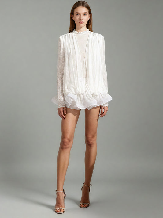 White Lace Ruffled Mini Dress with Puff Sleeves