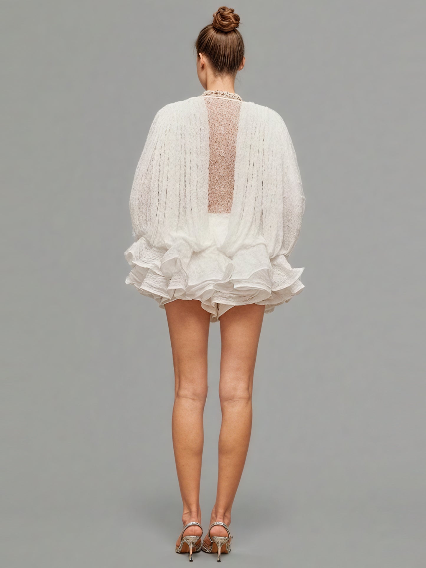 White Lace Ruffled Mini Dress with Puff Sleeves