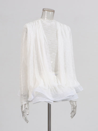 White Lace Ruffled Mini Dress with Puff Sleeves