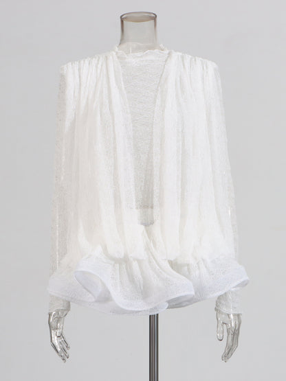 White Lace Ruffled Mini Dress with Puff Sleeves