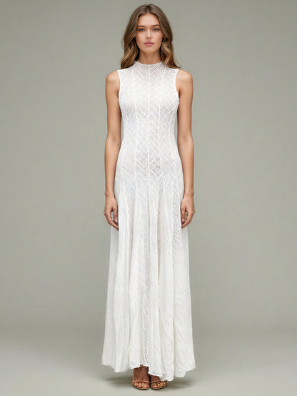 White Lace Sleeveless Maxi Dress with Mock Neck