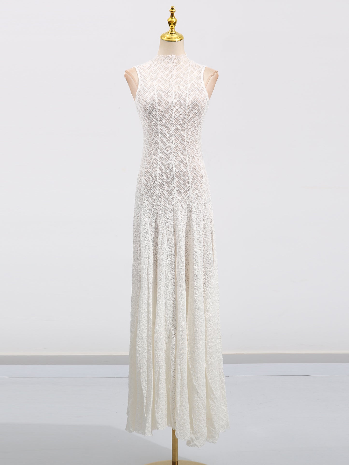 White Lace Sleeveless Maxi Dress with Mock Neck
