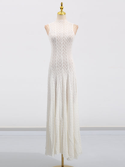 White Lace Sleeveless Maxi Dress with Mock Neck