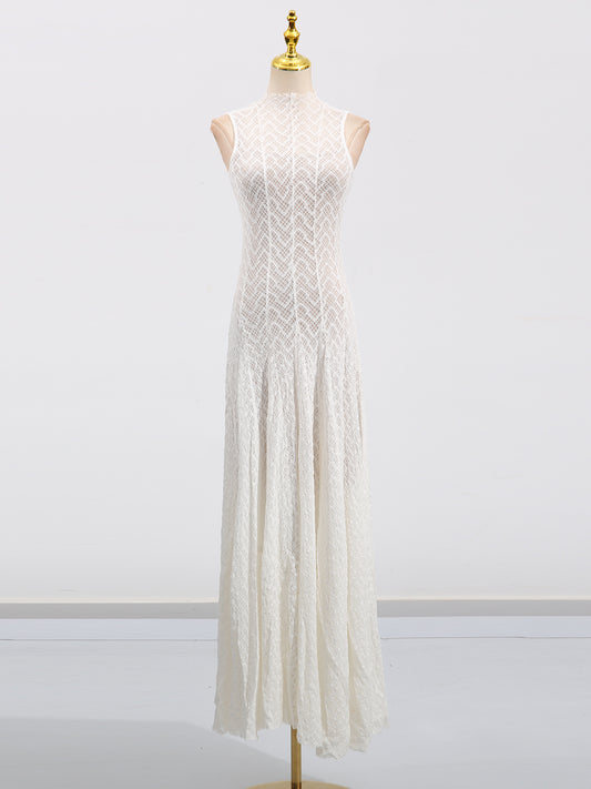 White Lace Sleeveless Maxi Dress with Mock Neck