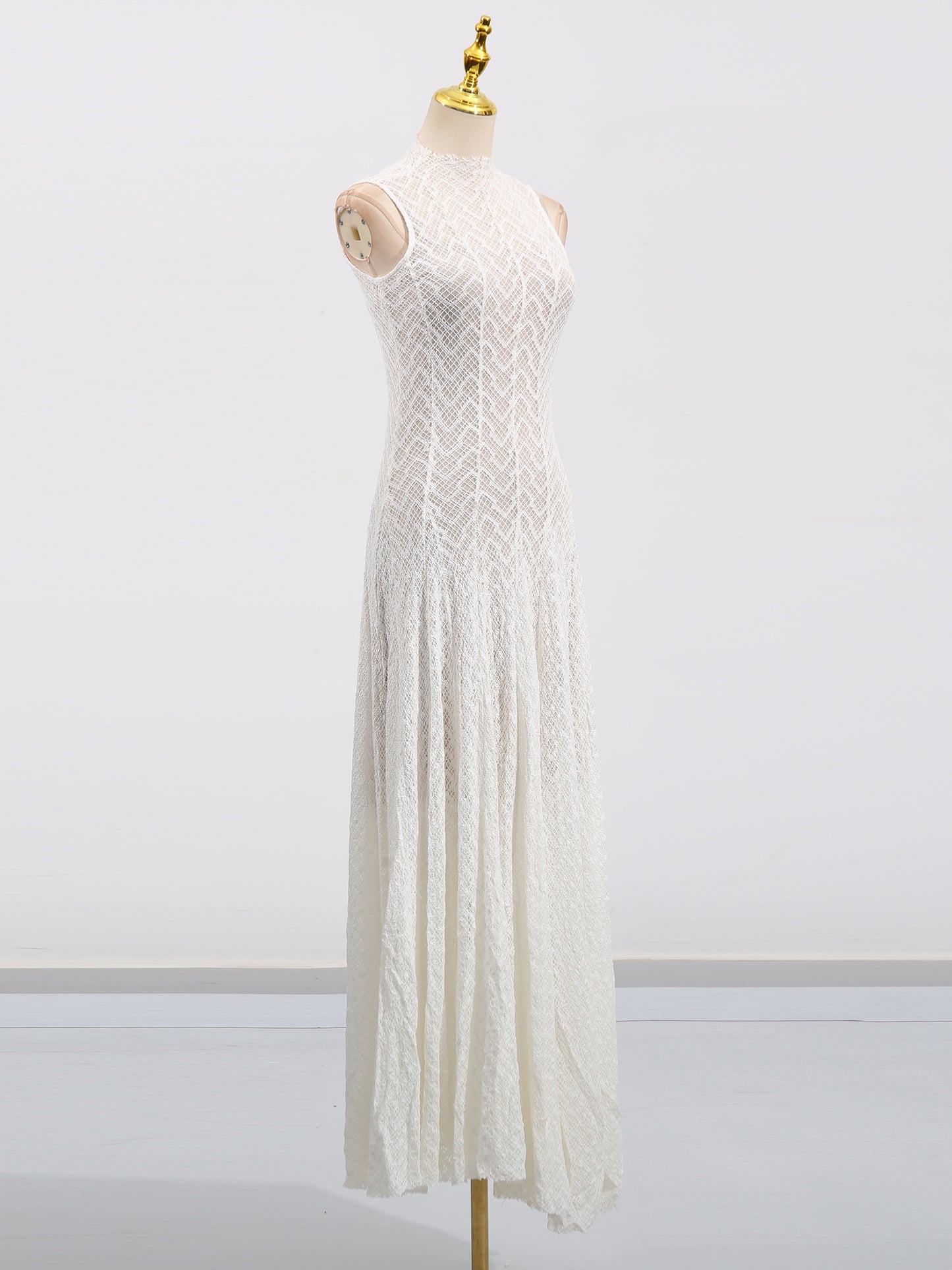 White Lace Sleeveless Maxi Dress with Mock Neck