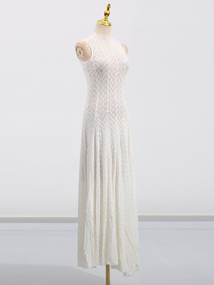 White Lace Sleeveless Maxi Dress with Mock Neck