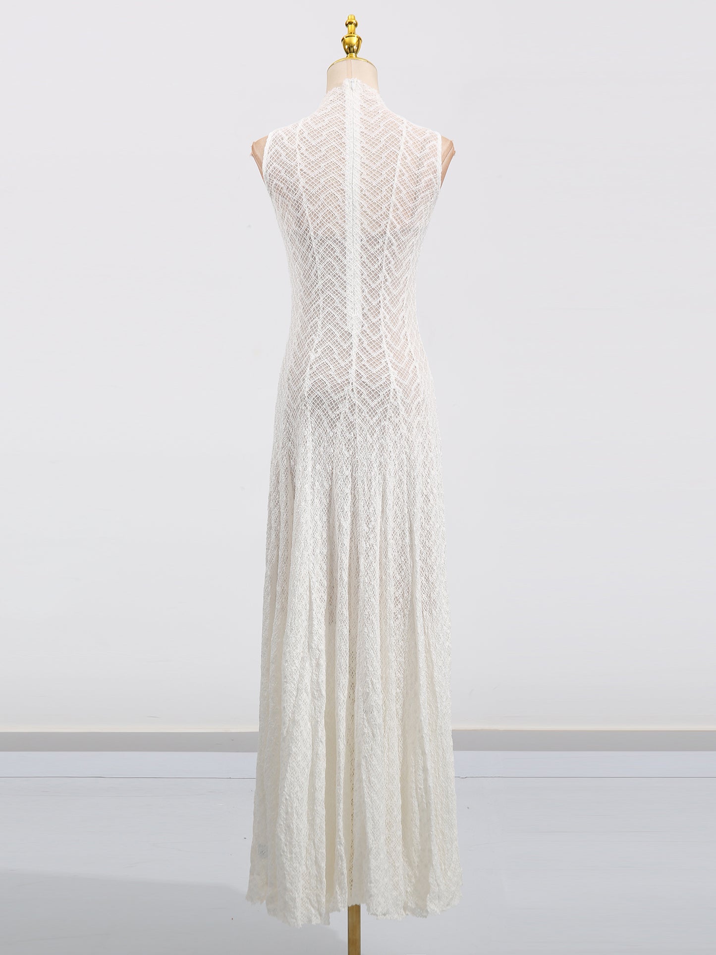 White Lace Sleeveless Maxi Dress with Mock Neck