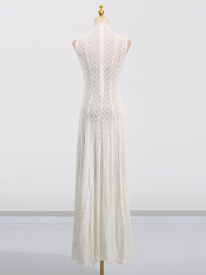 White Lace Sleeveless Maxi Dress with Mock Neck