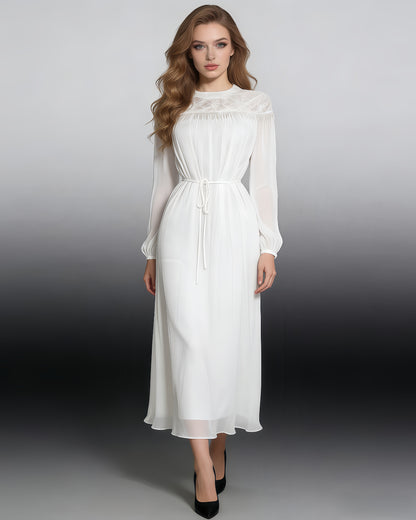 White Lace Stand Collar Tie Waist Chiffon Maxi Dress
