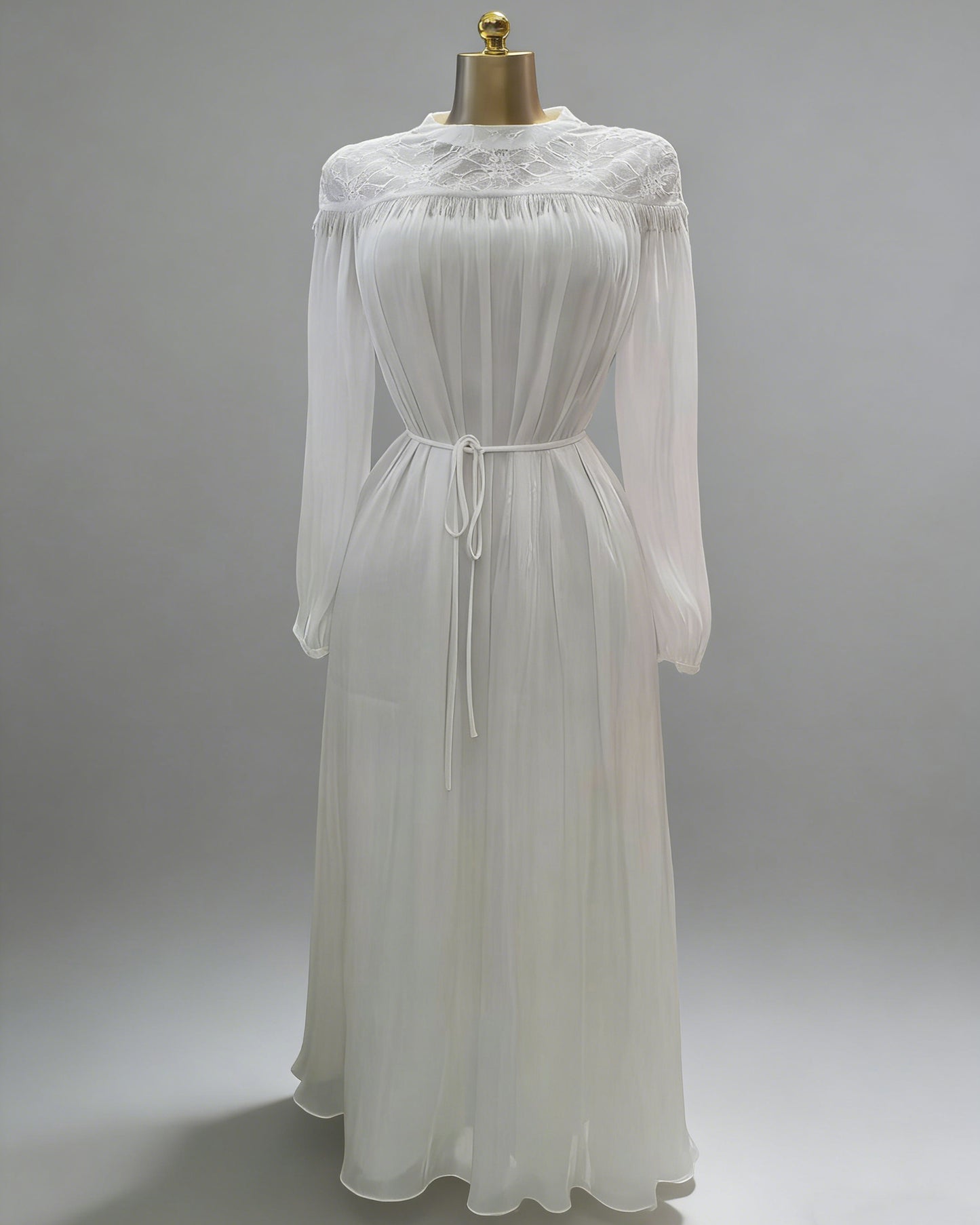 White Lace Stand Collar Tie Waist Chiffon Maxi Dress