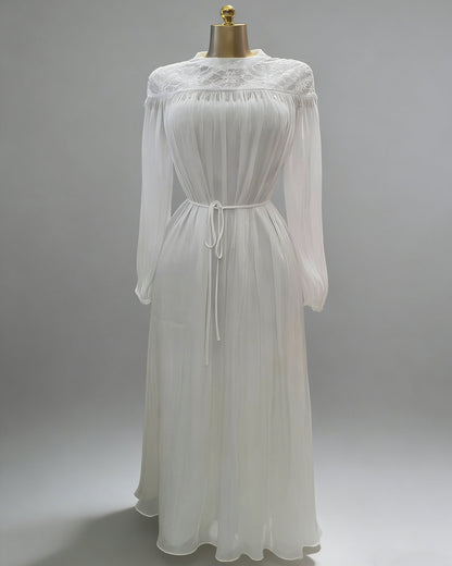 White Lace Stand Collar Tie Waist Chiffon Maxi Dress