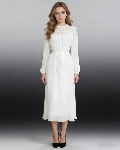 White Lace Stand Collar Tie Waist Chiffon Maxi Dress