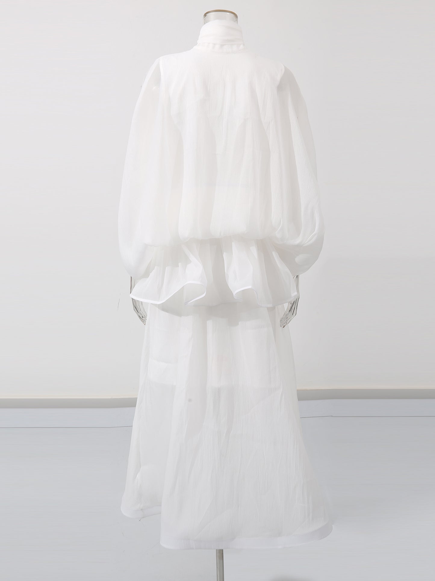 White Lace Up Ruffled Sheer Long Dress