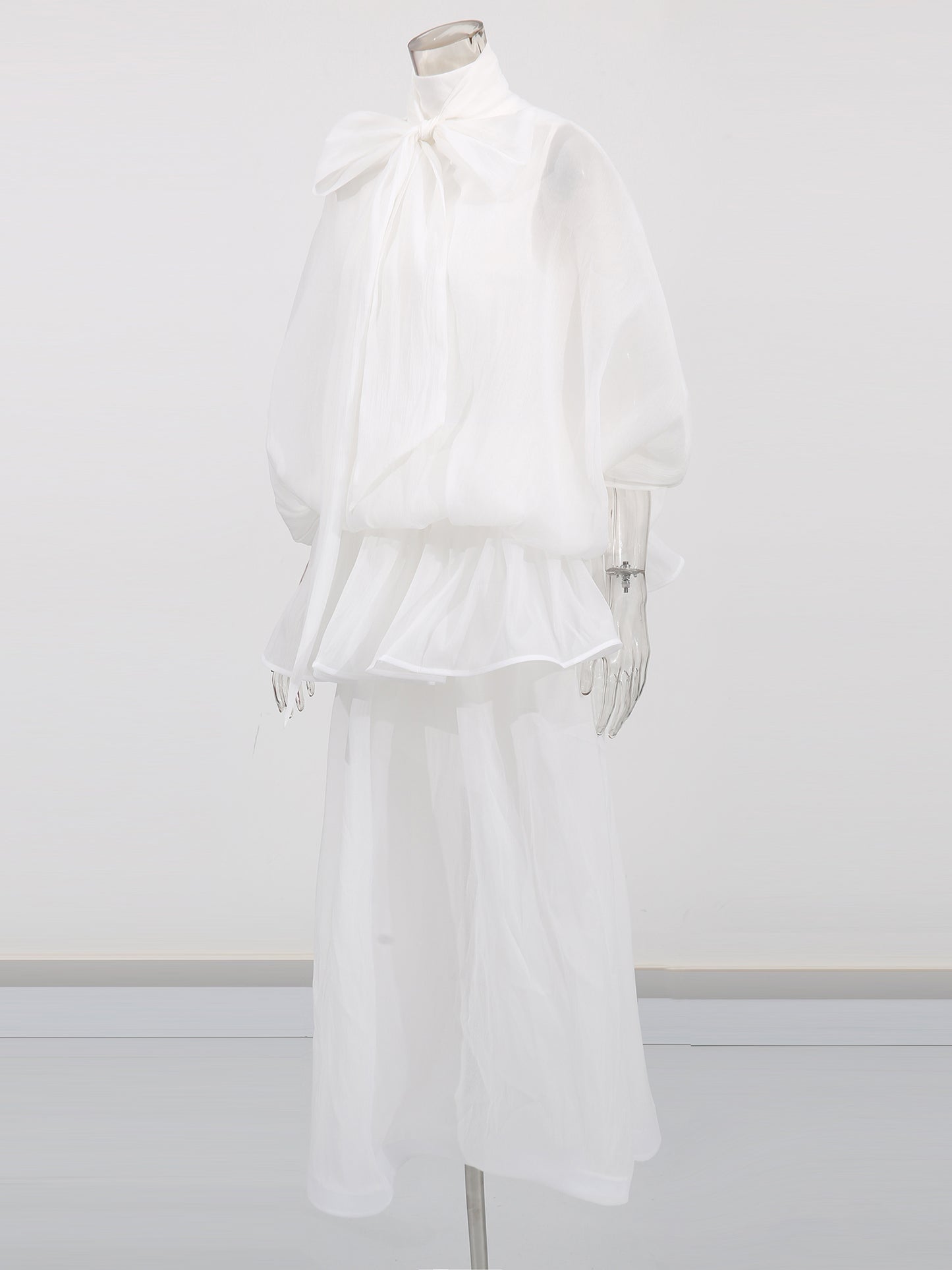 White Lace Up Ruffled Sheer Long Dress