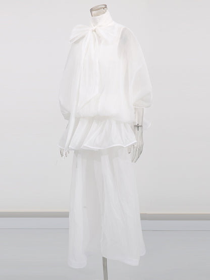 White Lace Up Ruffled Sheer Long Dress