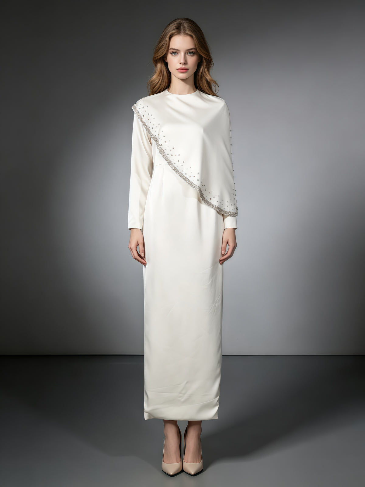 Long Sleeve Cape Overlay Beaded Maxi Evening Dress