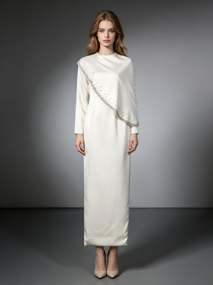 Long Sleeve Cape Overlay Beaded Maxi Evening Dress
