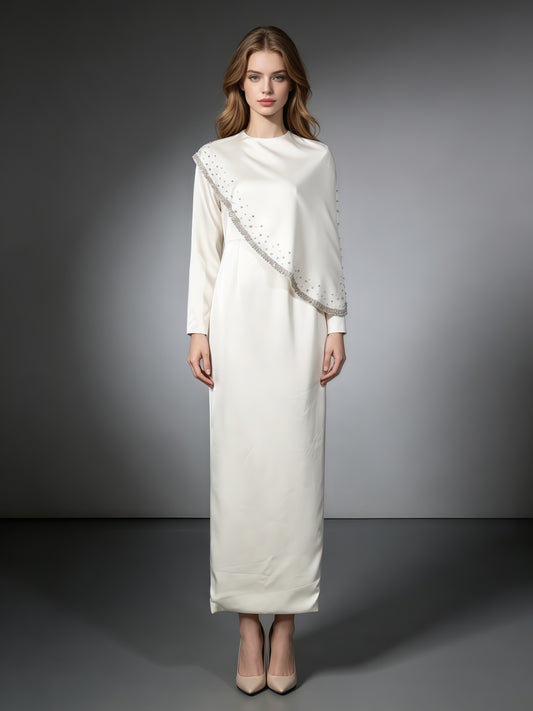 Long Sleeve Cape Overlay Beaded Maxi Evening Dress