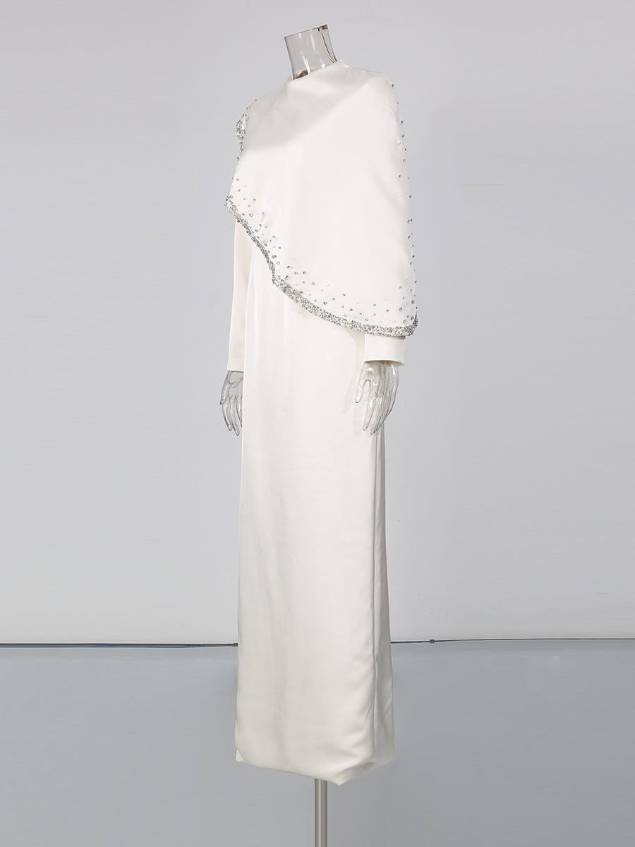 Long Sleeve Cape Overlay Beaded Maxi Evening Dress