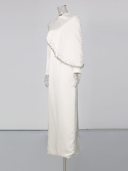 Long Sleeve Cape Overlay Beaded Maxi Evening Dress