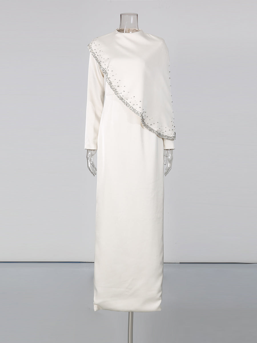 Long Sleeve Cape Overlay Beaded Maxi Evening Dress