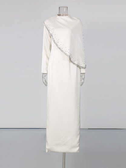 Long Sleeve Cape Overlay Beaded Maxi Evening Dress