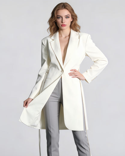 White Longline Blazer with Side Tassels