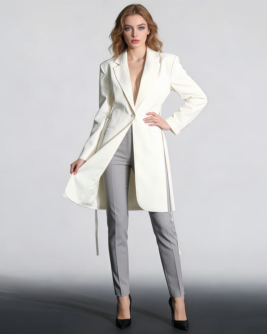 White Longline Blazer with Side Tassels