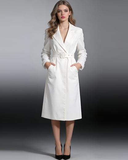 White Longline Coat with Embroidered Sleeves & Belt