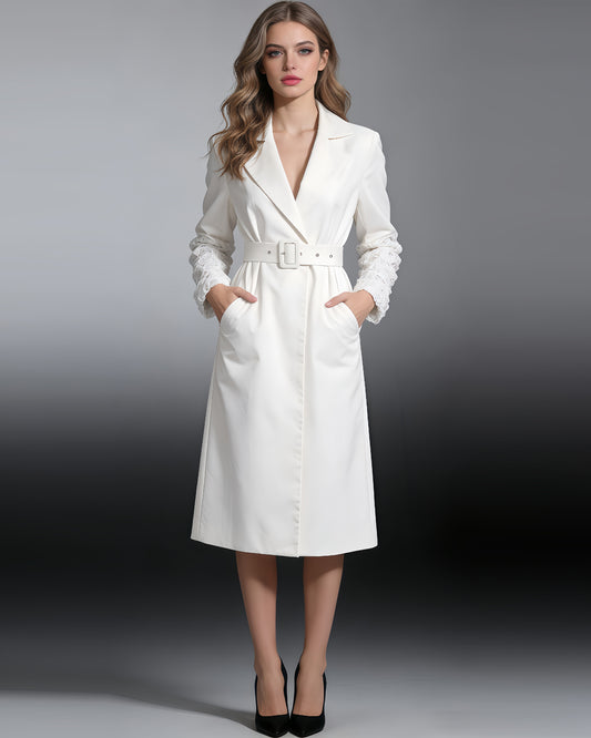 White Longline Coat with Embroidered Sleeves & Belt