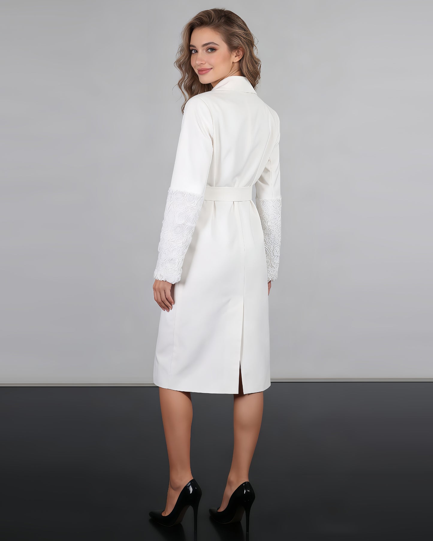 White Longline Coat with Embroidered Sleeves & Belt