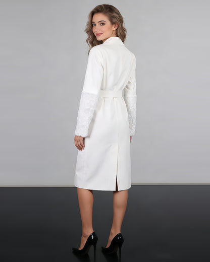 White Longline Coat with Embroidered Sleeves & Belt