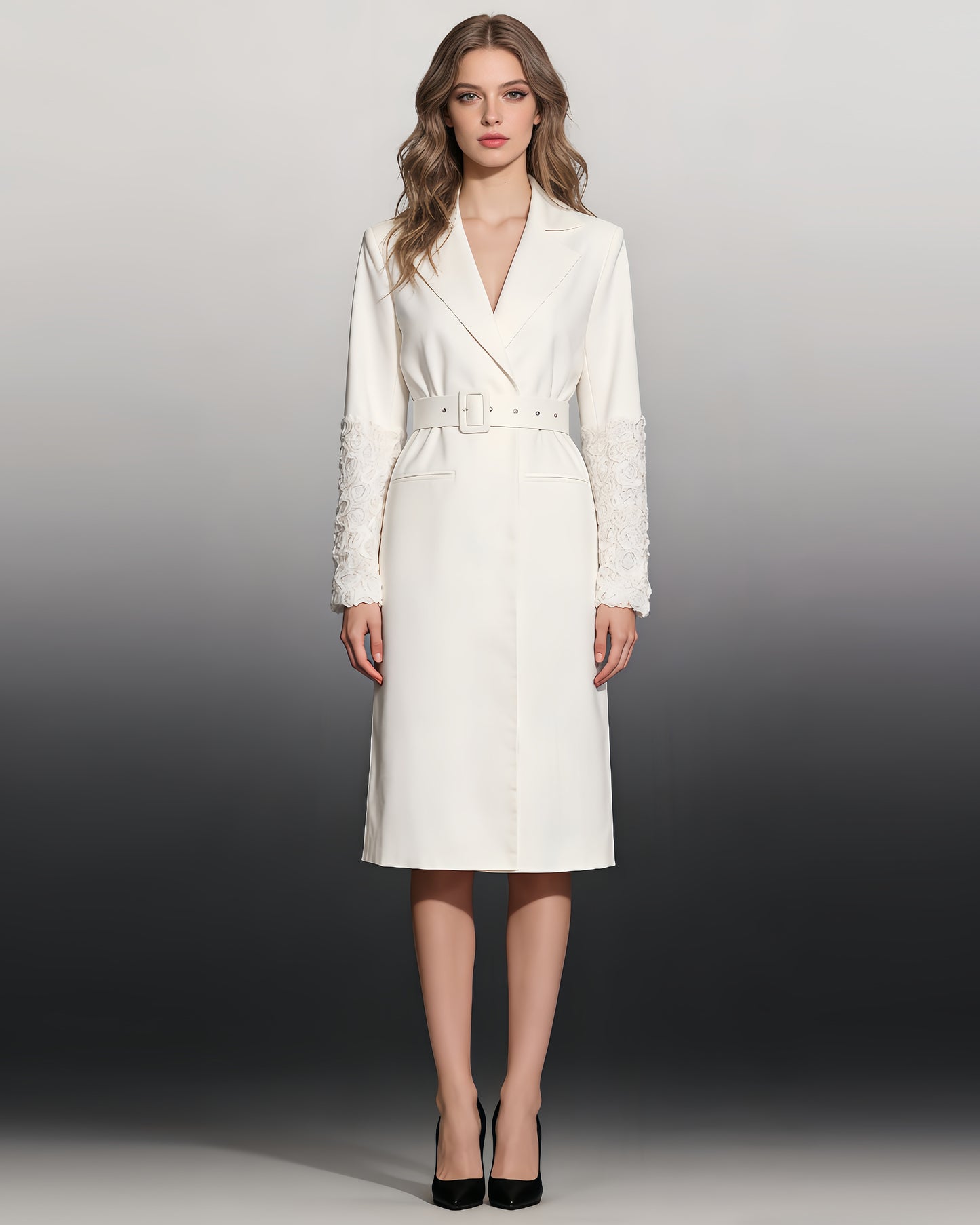 White Longline Coat with Embroidered Sleeves & Belt