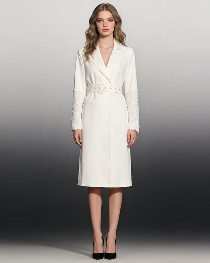 White Longline Coat with Embroidered Sleeves & Belt