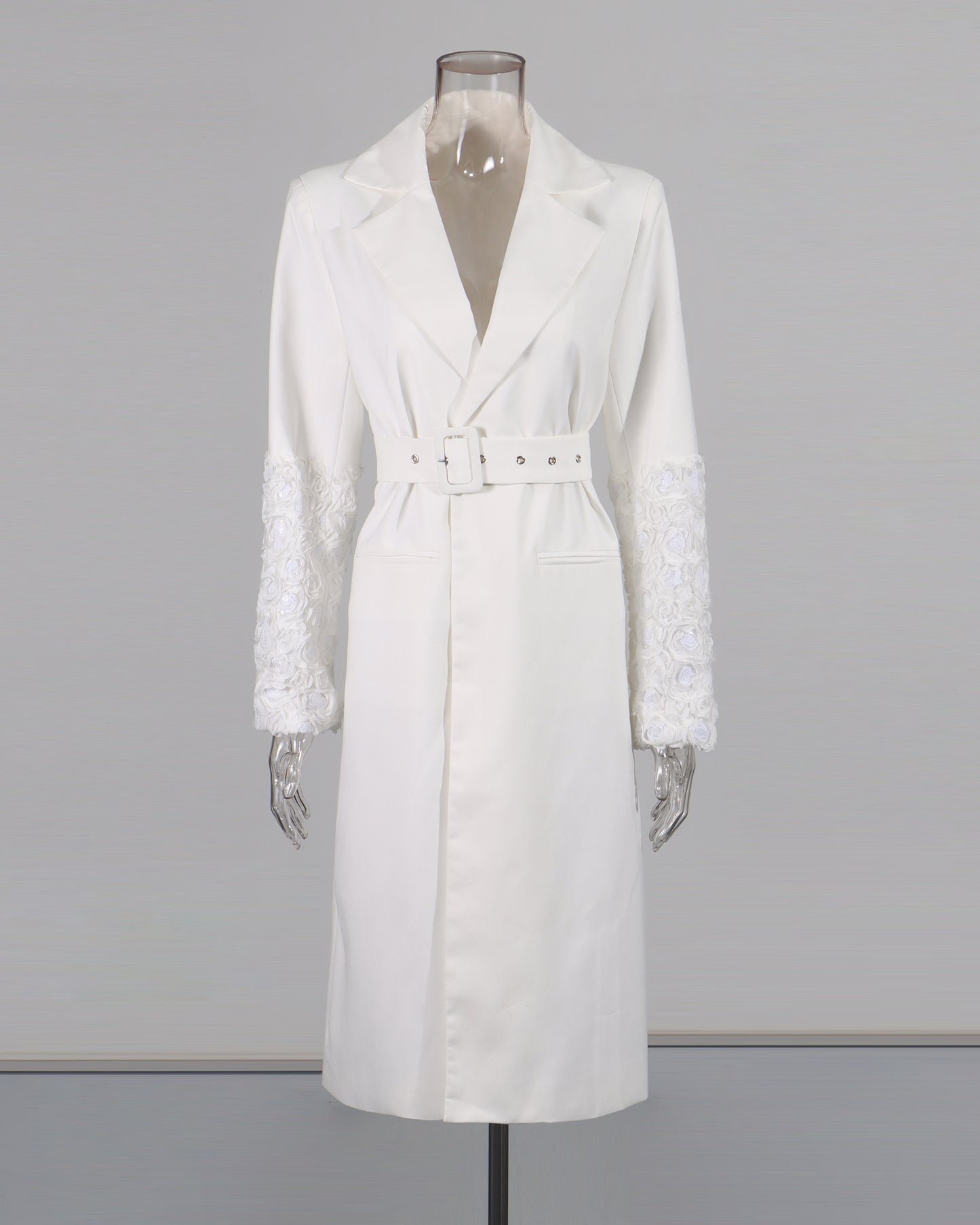White Longline Coat with Embroidered Sleeves & Belt