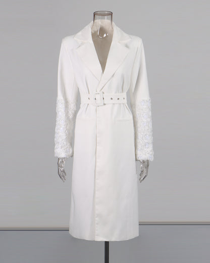 White Longline Coat with Embroidered Sleeves & Belt