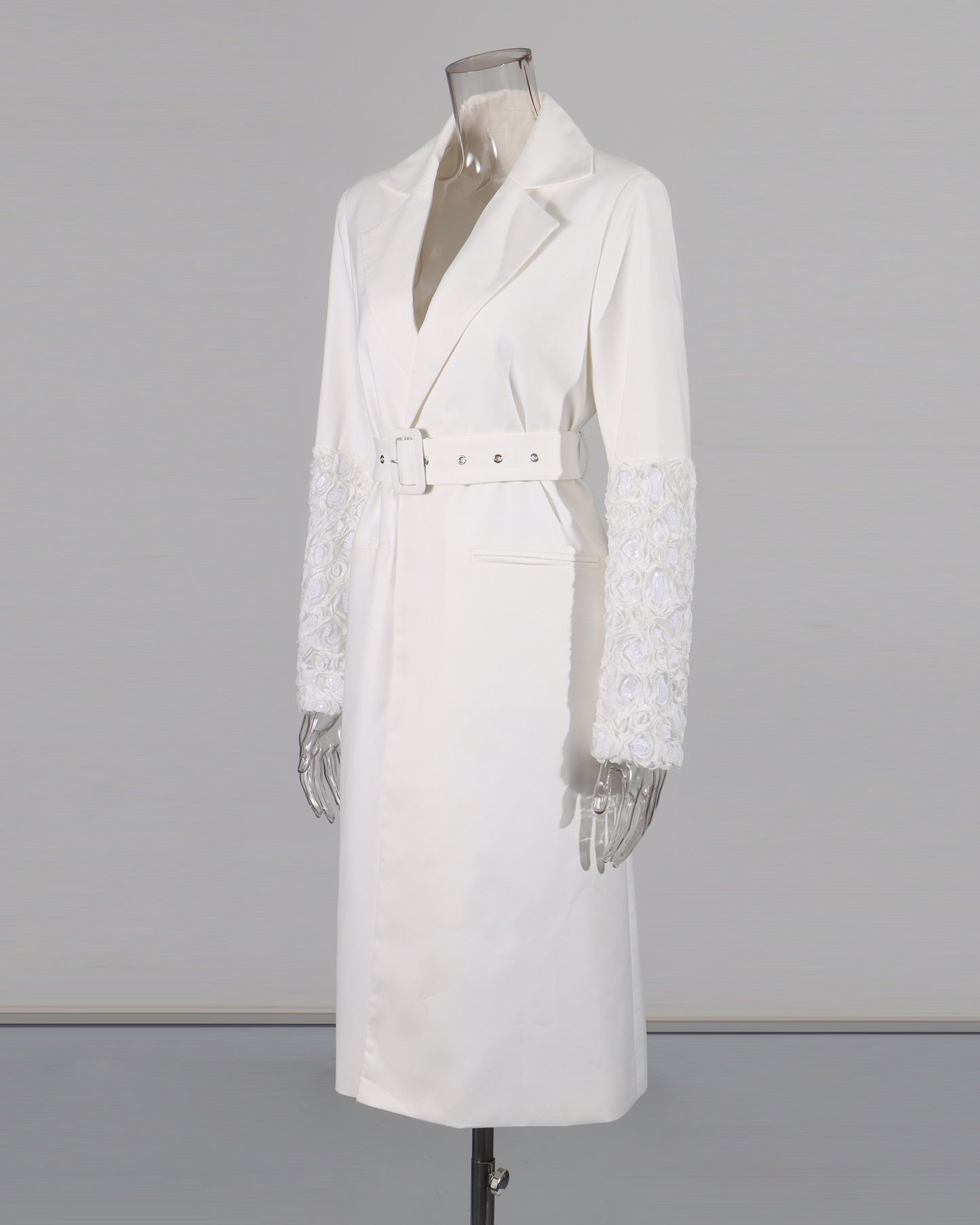 White Longline Coat with Embroidered Sleeves & Belt